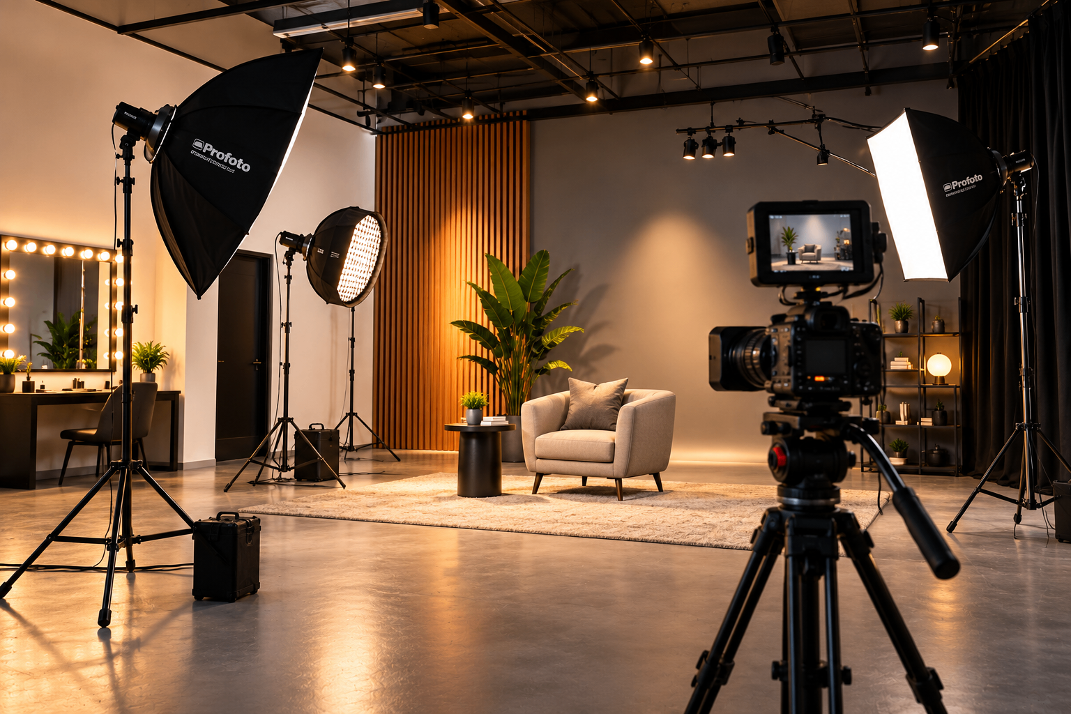 Behind the scenes of a professional studio video shoot