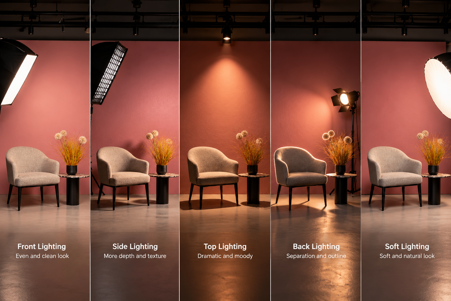 Different studio lighting directions used for photography