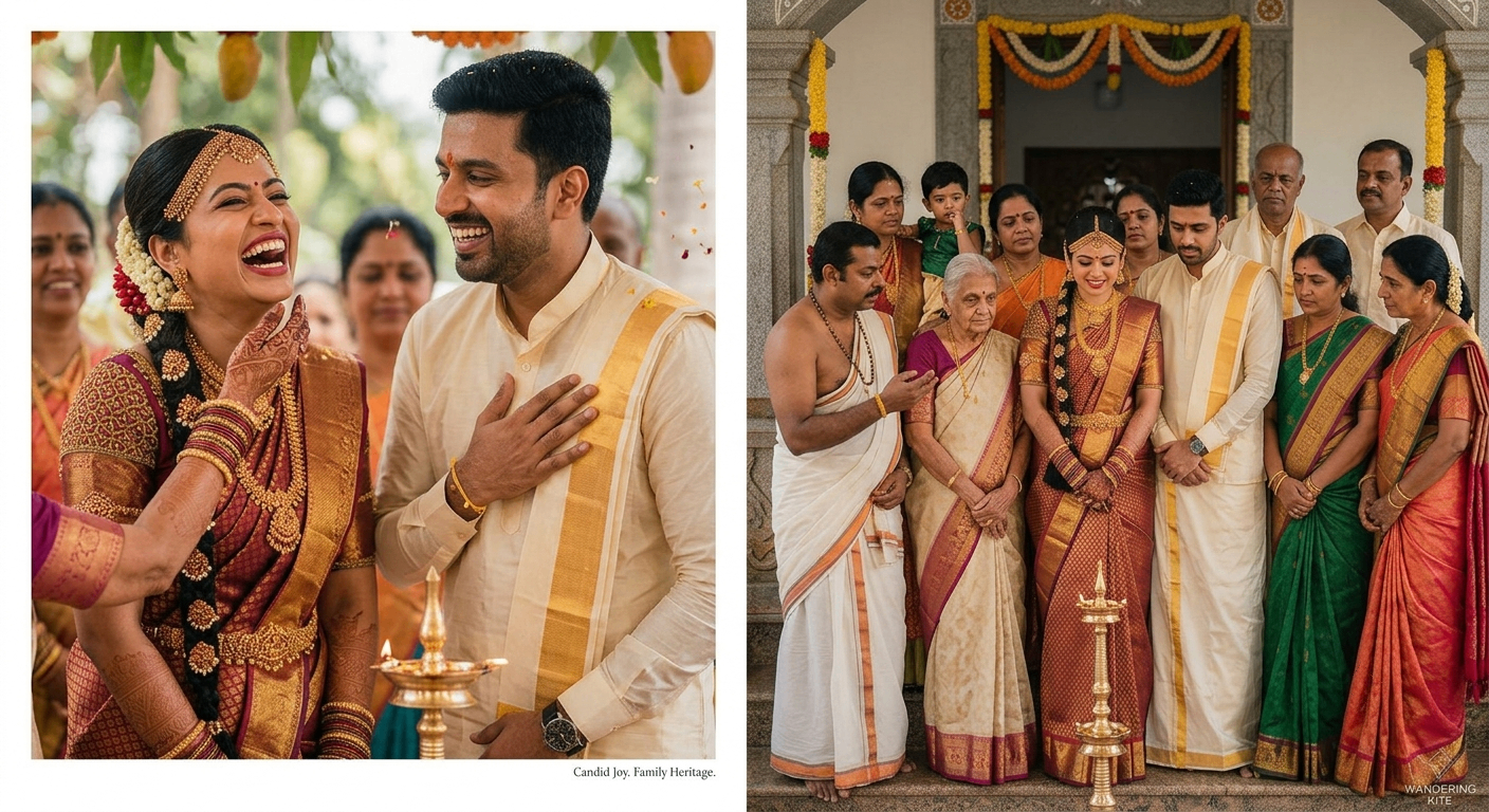 Candid moments and traditional family portraits from a Coimbatore wedding
